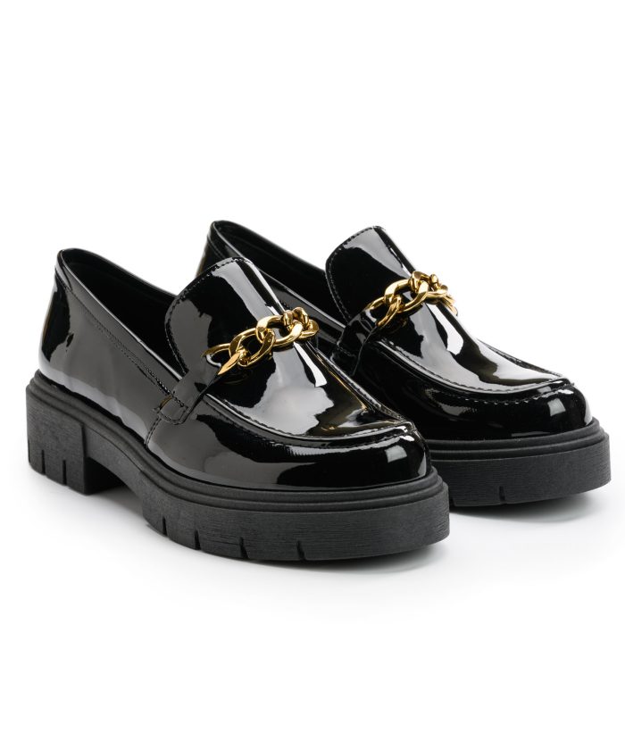 Alternative view of Kelly Shinny Black Shoes Loafers Gold Chain