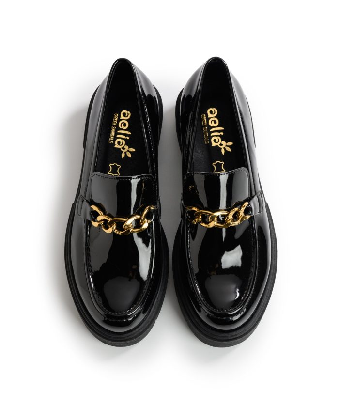 Kelly Shinny Black Shoes Loafers Gold Chain