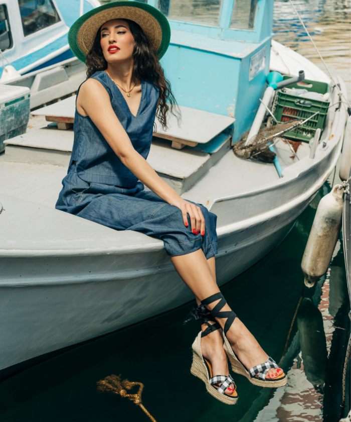 Alternative view of Espadrilles Check Black Cross Strap Wedge with black Ribbon