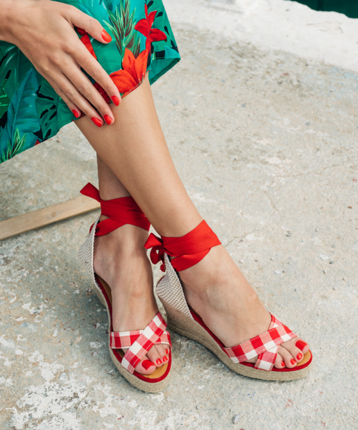Espadrilles Check Red Cross Strap Wedge with Red Ribbon