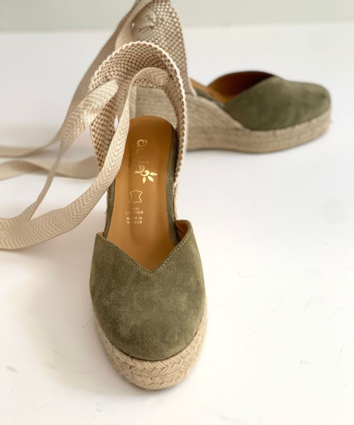 Espadrilles Olive Green Heart With Beige Ribbon
