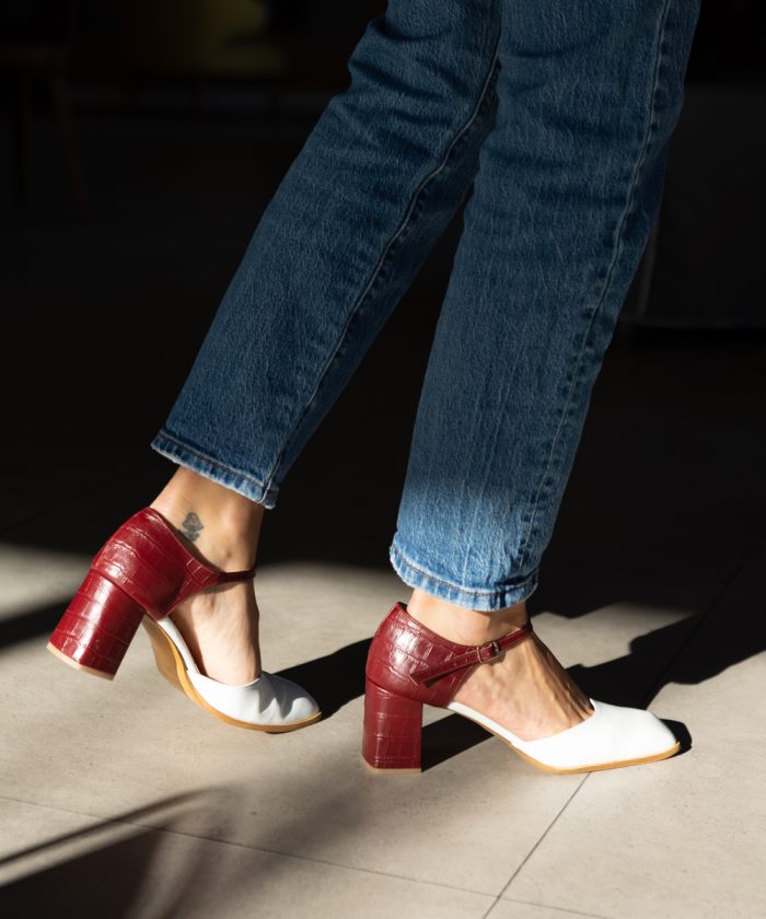White and Cherry Leather Medium Heels-Dorite-