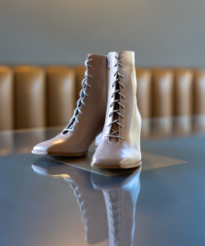 Alternative view of Beige Camel Leather Boots Medium Heels with laces-Poppins