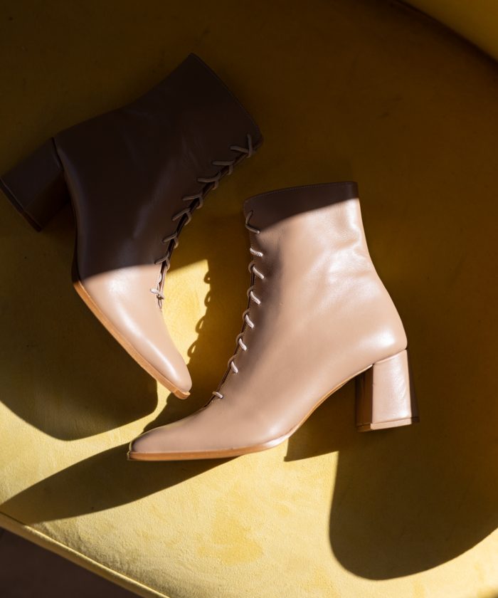 Beige Camel Leather Boots Medium Heels with laces-Poppins