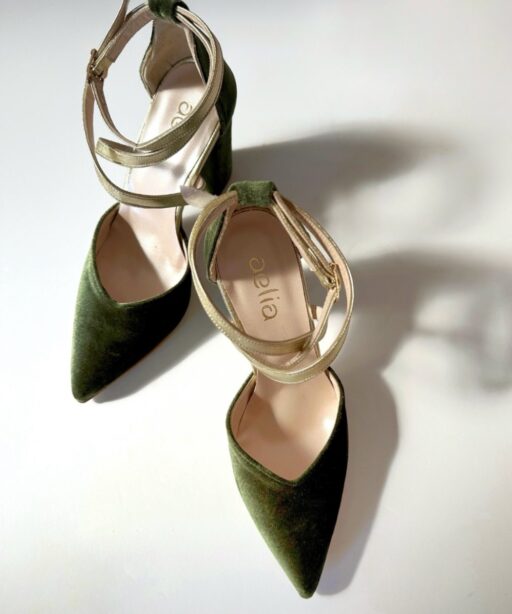 Olive Green heels Donna Heart , λαδί βελούδινα γοβάκια