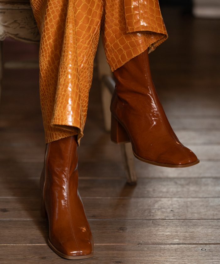 taupe patent Leather Boots Medium Heels-Melpo