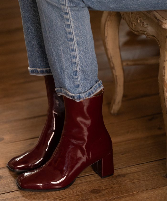 burgundy patent Leather Boots Medium Heels-Melpo