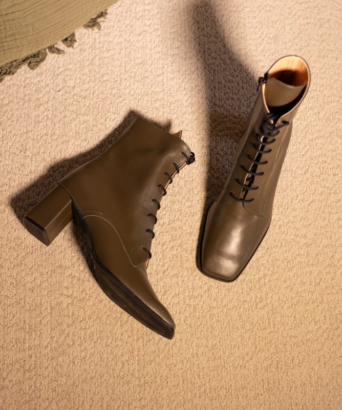 Μποτάκια Λαδί δερμάτινα- Olive Green Leather Boots Medium Heels-Hermione