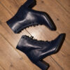 Blue Leather Boots Medium Heels with laces-Poppins