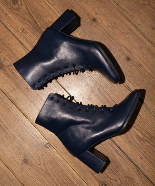Blue Leather Boots Medium Heels with laces-Poppins
