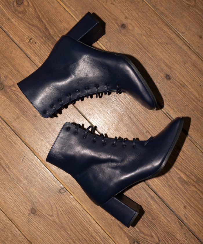 Blue Leather Boots Medium Heels with laces-Poppins